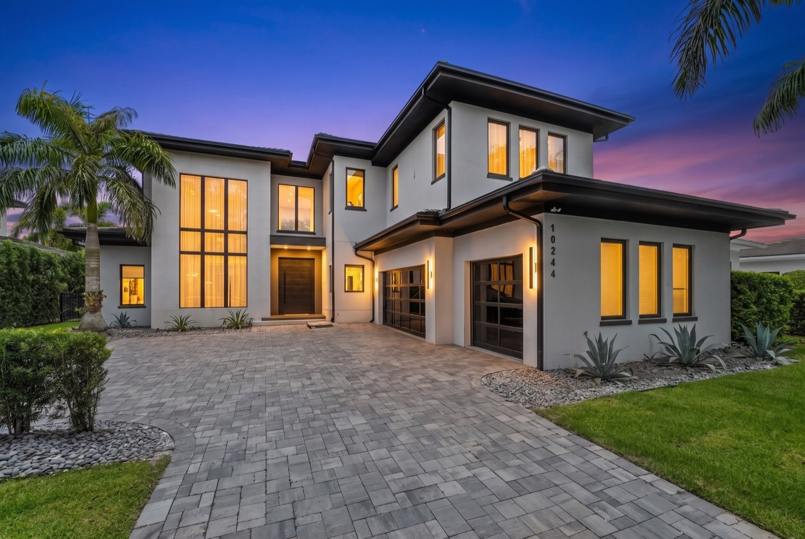 Modern home entrance at twilight, Virtual Dusk