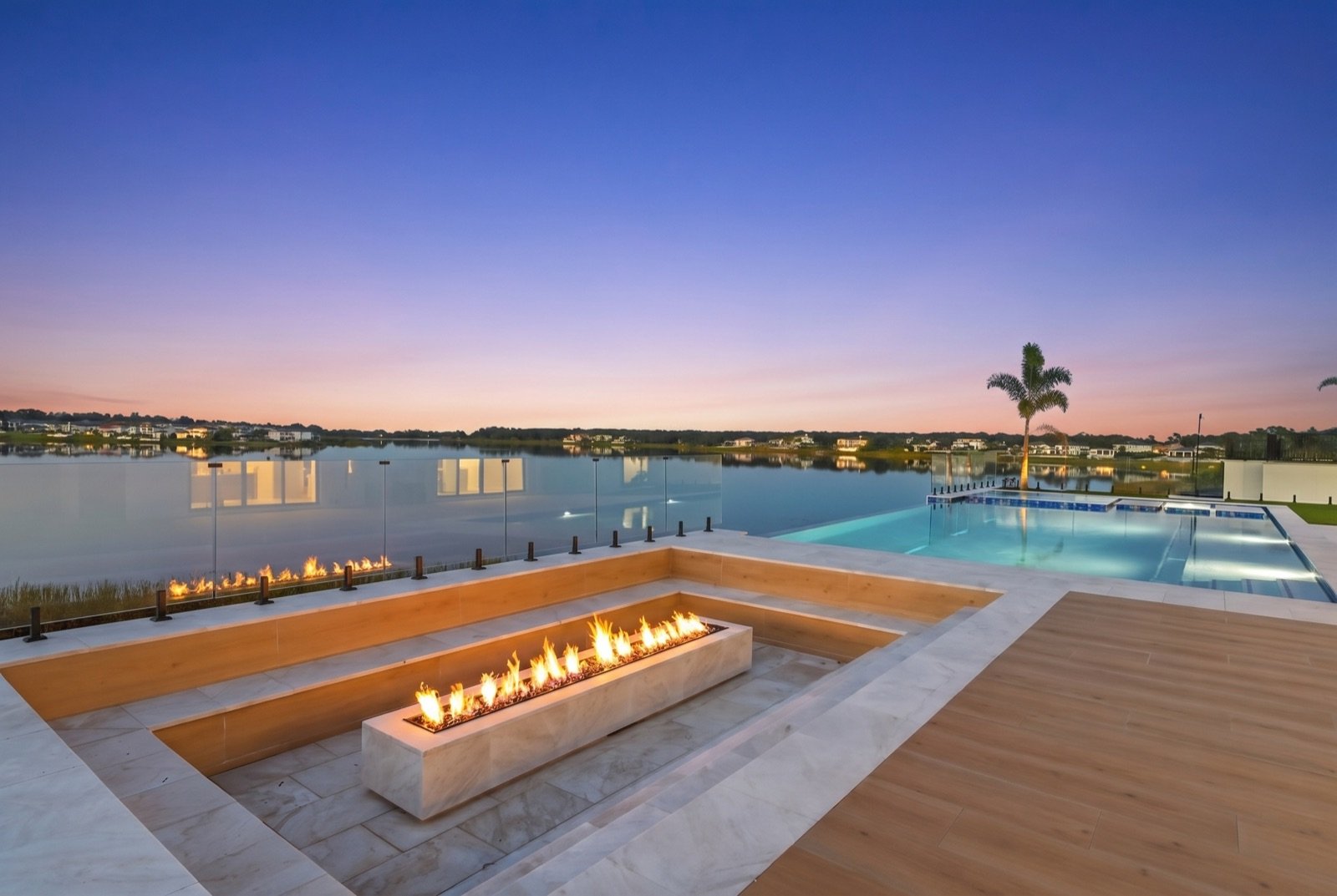 Pool and fire pit at twilight, Virtual Dusk